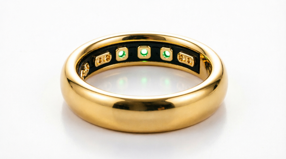 Smart ring paired with its compact magnetic charging case on a clean background