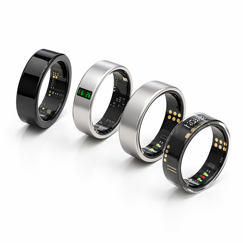 Black smart ring showing premium stainless steel design on a white background