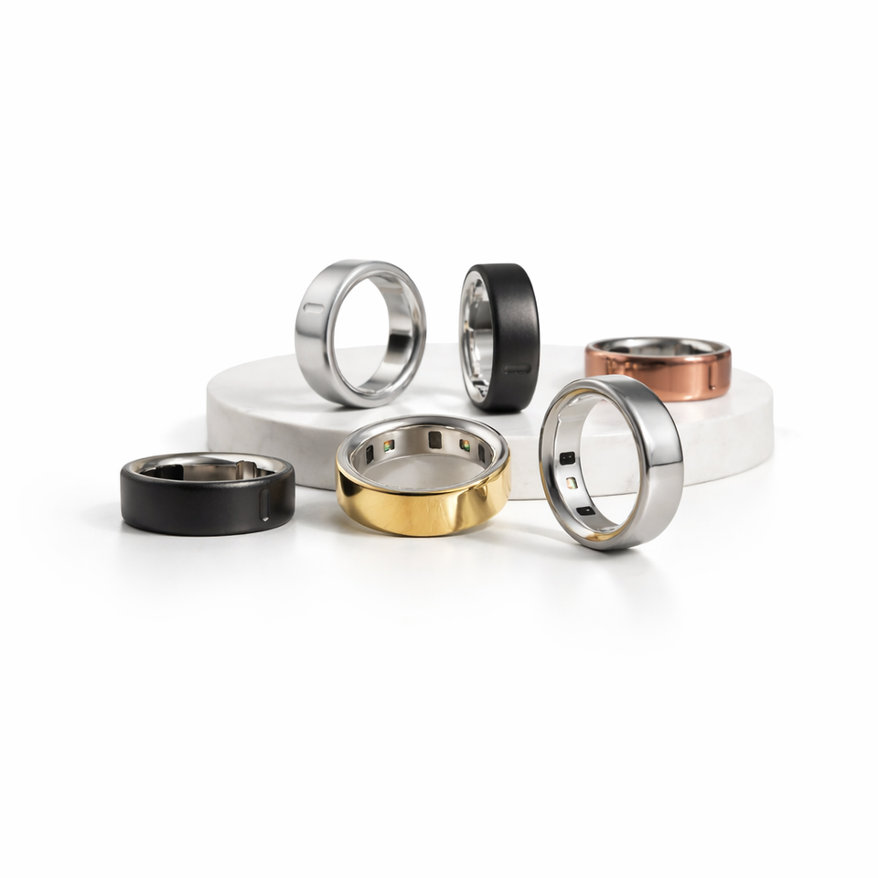 Smart ring connected to mobile app displaying heart rate and sleep tracking data